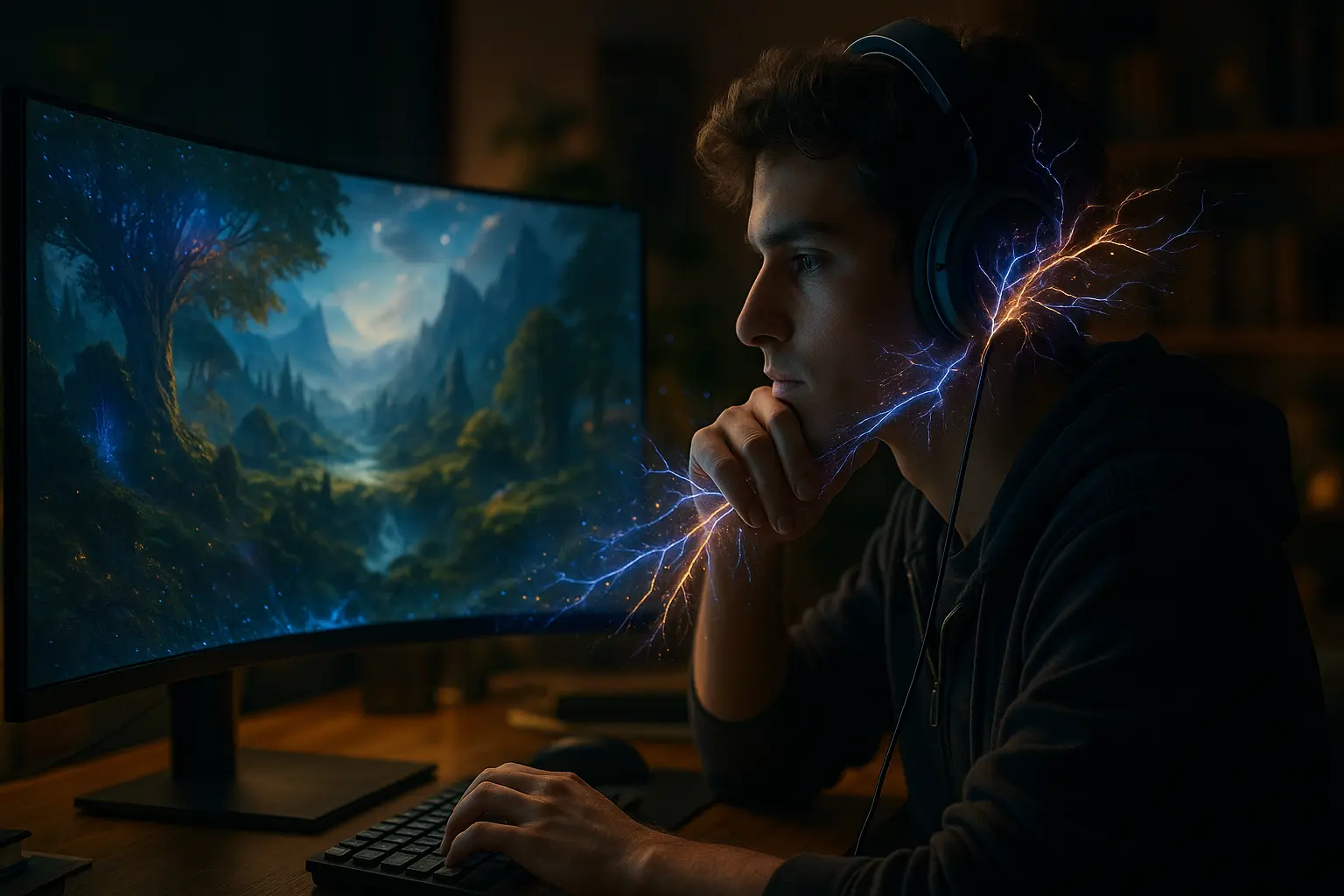 Gamer im Flow-Zustand symbolisiert positive Mental Health im Gaming und Entspannung.