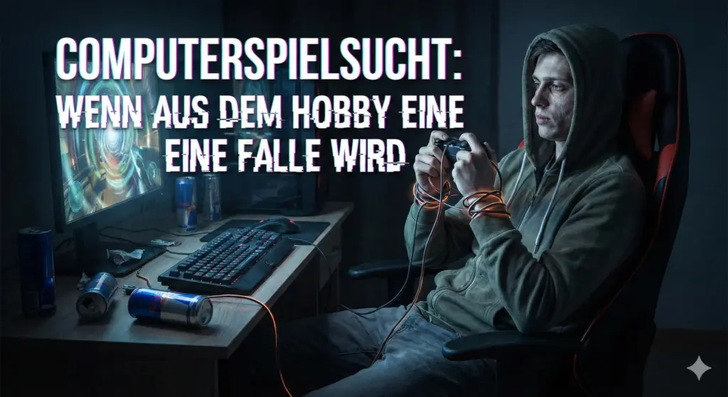 Computerspielsucht: Wenn aus dem Hobby eine Falle wird! 2 Jugendlicher sitzt nachts allein vor dem PC – Symbolbild für Computerspielsucht und Gaming Disorder (KI-generiertes Bild)