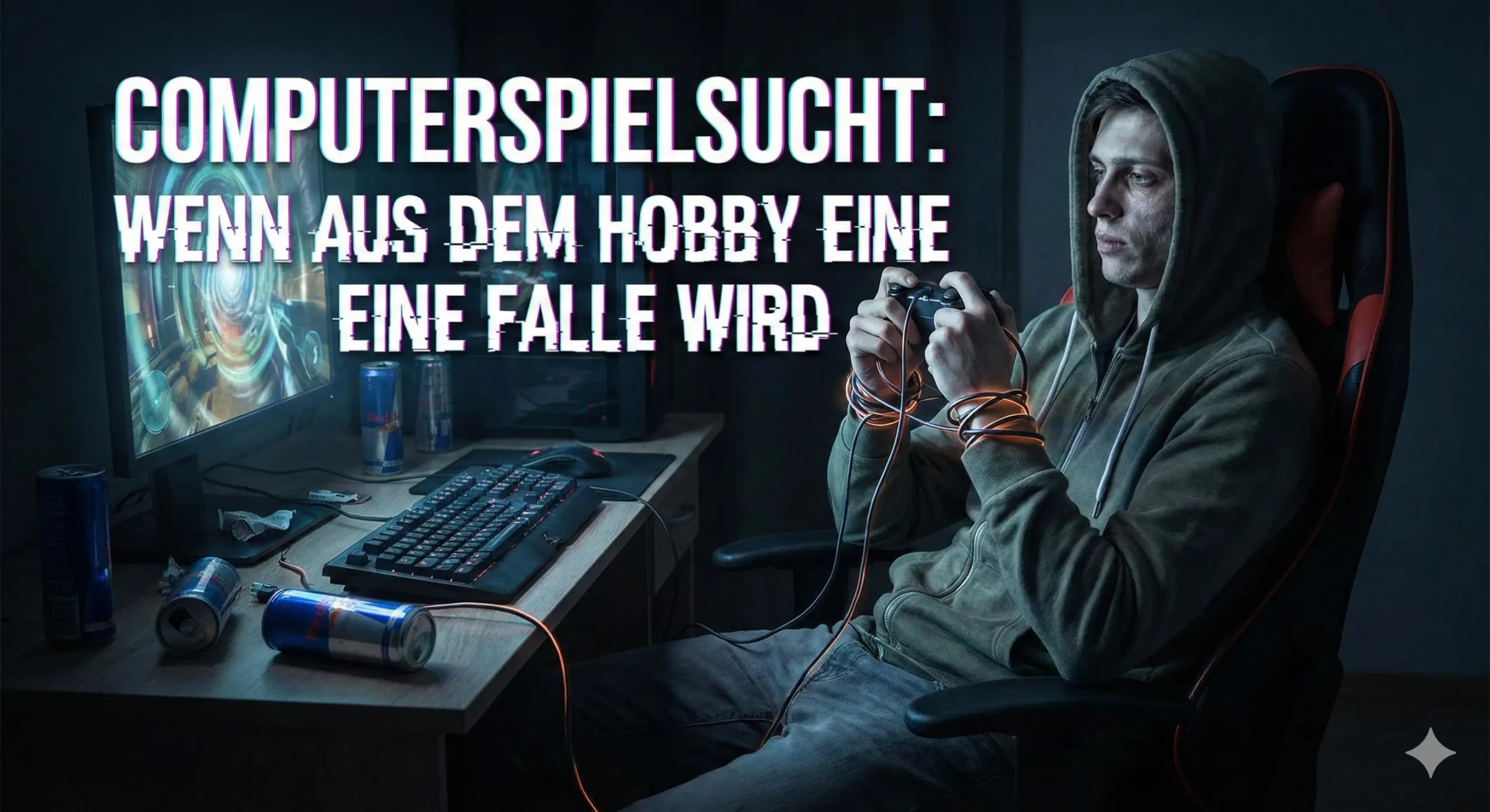 Jugendlicher sitzt nachts allein vor dem PC &ndash; Symbolbild f&uuml;r Computerspielsucht und Gaming Disorder
