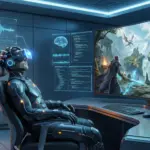Futuristische Vision der maximalen Immersion in Videospielen: Ein Spieler in einem Haptik-Anzug und neuronalem VR-Headset, umgeben von Server-Racks und holografischen Gehirnstrom-Daten, blickt auf eine Fantasy-Spielwelt auf einem riesigen Monitor.