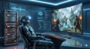 Futuristische Vision der maximalen Immersion in Videospielen: Ein Spieler in einem Haptik-Anzug und neuronalem VR-Headset, umgeben von Server-Racks und holografischen Gehirnstrom-Daten, blickt auf eine Fantasy-Spielwelt auf einem riesigen Monitor.