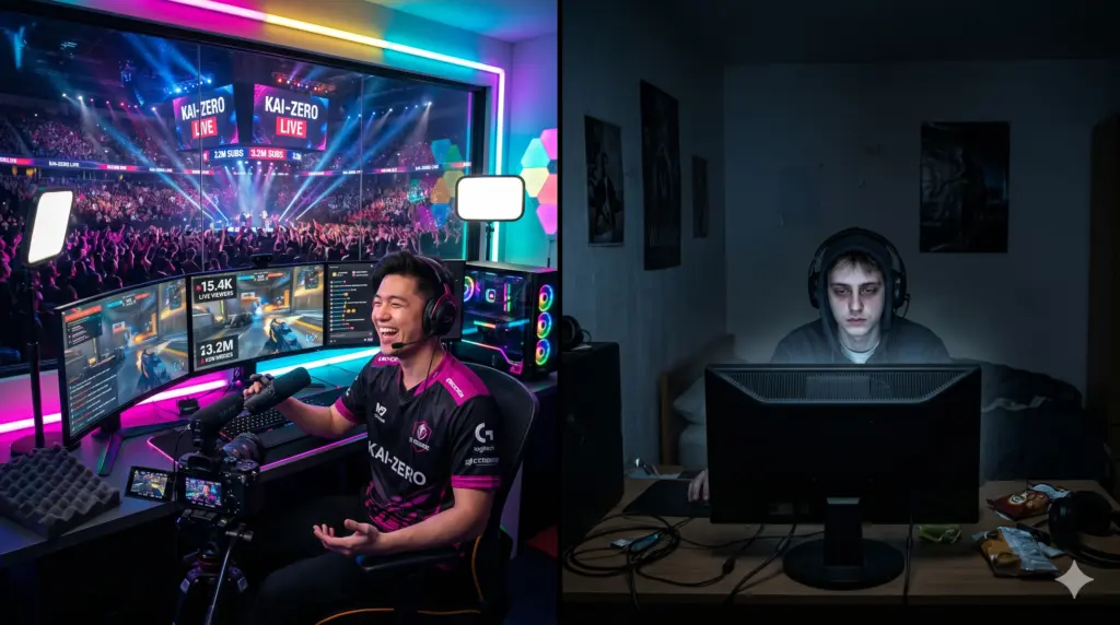 Als Streamer erfolgreich werden: Der visuelle Kontrast zwischen dem Traum eines Top-Stars und der Realit&auml;t eines Kanals mit null Zuschauern.