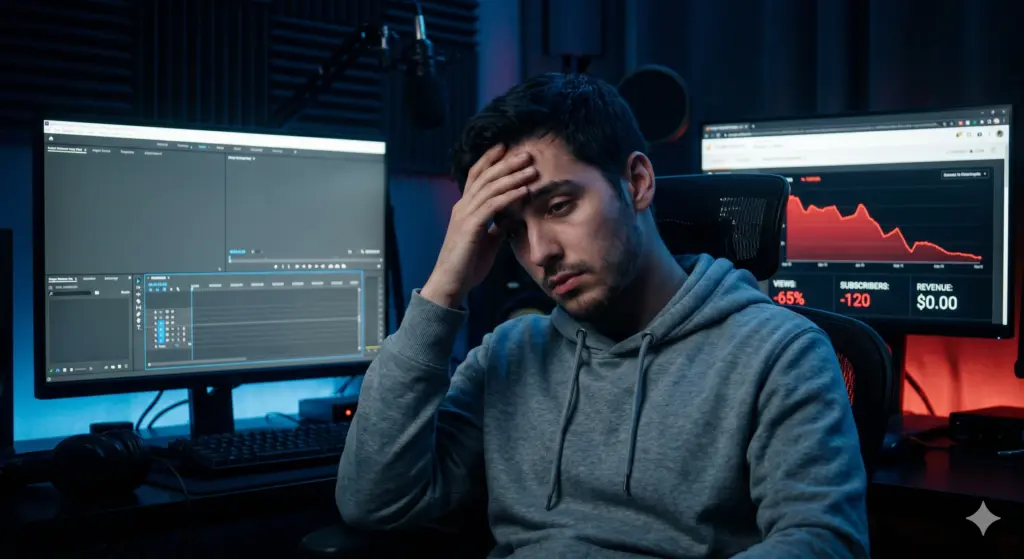 Als Streamer erfolgreich werden: Wie hoch ist die Wahrscheinlichkeit wirklich? 2 Als Streamer erfolgreich werden: Der visuelle Kontrast zwischen dem Traum eines Top-Stars und der Realität eines Kanals mit null Zuschauern.