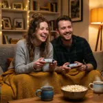 Partner zum Zocken bewegen: Ein gl&uuml;ckliches Paar sitzt gem&uuml;tlich auf der Couch und genie&szlig;t ein gemeinsames Coop-Videospiel im behaglichen Wohnzimmer.
