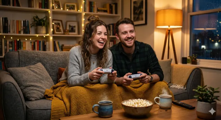 Partner zum Zocken bewegen: Ein gl&uuml;ckliches Paar sitzt gem&uuml;tlich auf der Couch und genie&szlig;t ein gemeinsames Coop-Videospiel im behaglichen Wohnzimmer.