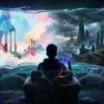 Psychologische Videospiele: Ein Spieler blickt in einen surrealen Spiegel auf dem Bildschirm, der die emotionalen Tiefen der Psyche und Selbstreflexion durch Gaming symbolisiert.