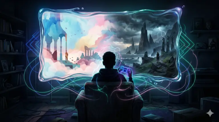 Psychologische Videospiele: Ein Spieler blickt in einen surrealen Spiegel auf dem Bildschirm, der die emotionalen Tiefen der Psyche und Selbstreflexion durch Gaming symbolisiert.
