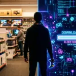 Station&auml;rer Einzelhandel Gaming: Der Kontrast zwischen physischem Elektronikmarkt und digitalen Spiele-Downloads verdeutlicht den Wandel der Gaming-Branche.