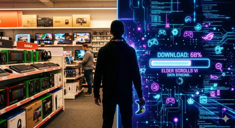 Station&auml;rer Einzelhandel Gaming: Der Kontrast zwischen physischem Elektronikmarkt und digitalen Spiele-Downloads verdeutlicht den Wandel der Gaming-Branche.