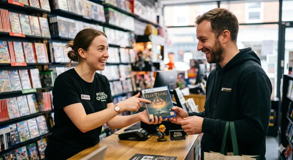 Stationärer Einzelhandel und Gaming: Welchen Impact hat der Laden um die Ecke noch? 2 Stationärer Einzelhandel Gaming: Der Kontrast zwischen physischem Elektronikmarkt und digitalen Spiele-Downloads verdeutlicht den Wandel der Gaming-Branche.