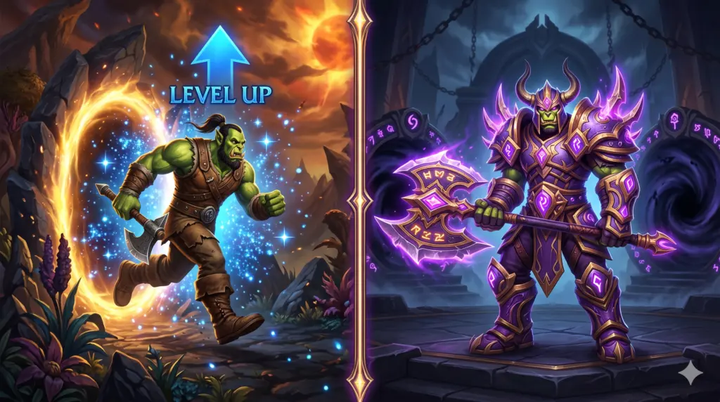 WoW schnell leveln und ausr&uuml;sten: Die visuelle Reise eines World of Warcraft Charakters von den ersten Quest-Stufen bis zum voll ausgestatteten Endgame-Helden.