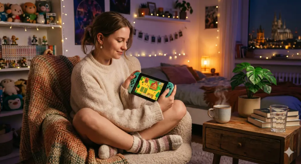 Aufstieg der Cozy Games: Ein entspannendes Cozy Gaming Setup mit Handheld-Konsole, Tee und warmem Licht, das den Trend der Wholesome Games symbolisiert.
