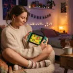 Aufstieg der Cozy Games: Ein entspannendes Cozy Gaming Setup mit Handheld-Konsole, Tee und warmem Licht, das den Trend der Wholesome Games symbolisiert.