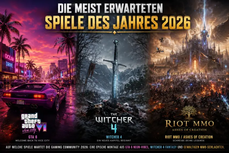 Meisterwartete Spiele 2026. Auf welche Spiele wartet die Gaming Community 2026: Eine epische Montage aus GTA 6 Neon-Vibes, Witcher 4 Fantasy und gewaltigen MMO-Schlachten.