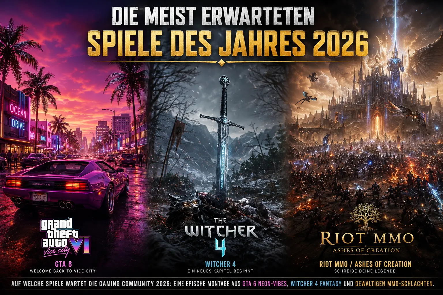 Meisterwartete Spiele 2026. Auf welche Spiele wartet die Gaming Community 2026: Eine epische Montage aus GTA 6 Neon-Vibes, Witcher 4 Fantasy und gewaltigen MMO-Schlachten.