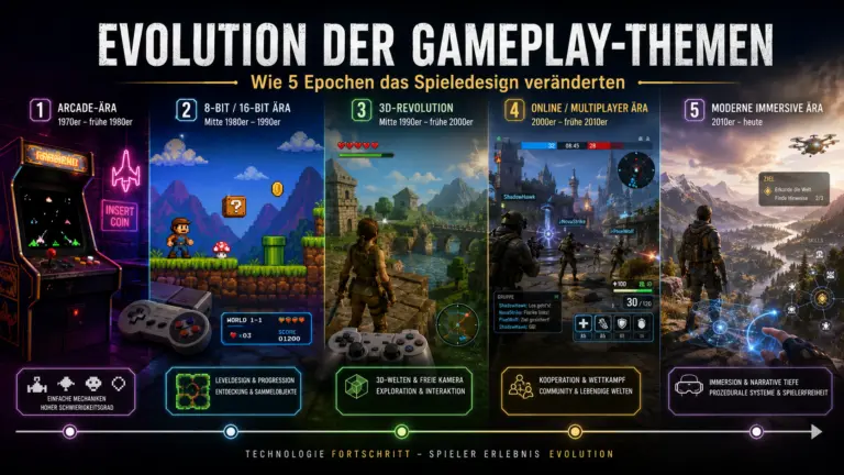 Wie ver&auml;nderte sich die Evolution der Gameplay-Themen? Vom simplen Highscore bis zum immersiven Metaversum. Erfahre alles &uuml;ber den Wandel des Game Designs!