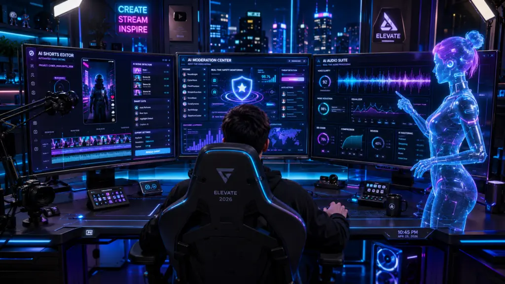 KI-Tools f&uuml;r Streamer: Ein modernes High-End-Streaming-Setup zeigt die Automatisierung von Clips, Chat-Moderation und Audiofiltern durch k&uuml;nstliche Intelligenz.