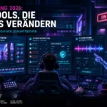 KI-Tools f&uuml;r Streamer: Ein modernes High-End-Streaming-Setup zeigt die Automatisierung von Clips, Chat-Moderation und Audiofiltern durch k&uuml;nstliche Intelligenz.
