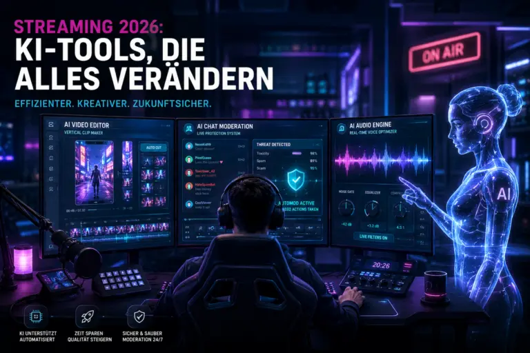 KI-Tools f&uuml;r Streamer: Ein modernes High-End-Streaming-Setup zeigt die Automatisierung von Clips, Chat-Moderation und Audiofiltern durch k&uuml;nstliche Intelligenz.