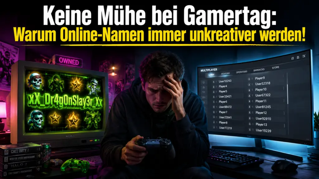 Keine M&uuml;he bei Gamertag: Der Kontrast zwischen kreativen Retro-Nicknames und den modernen, generischen Standard-Namen in heutigen Multiplayer-Lobbys.
