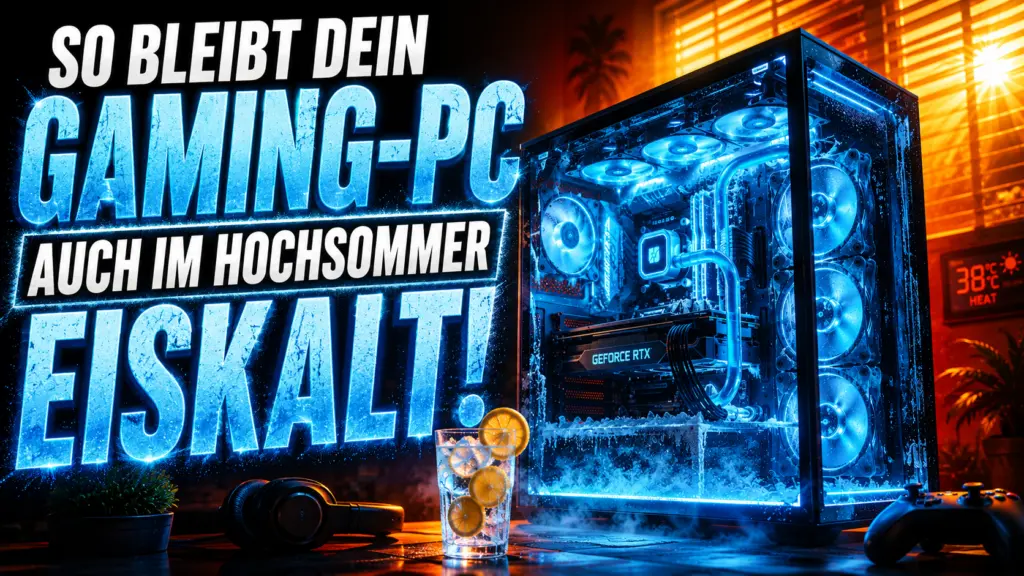 Gaming bei hohen Au&szlig;entemperaturen: Ein eisblau leuchtender, perfekt gek&uuml;hlter Gaming-PC trotzt der hei&szlig;en Sommerhitze im Zimmer.