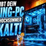 Gaming bei hohen Au&szlig;entemperaturen: Ein eisblau leuchtender, perfekt gek&uuml;hlter Gaming-PC trotzt der hei&szlig;en Sommerhitze im Zimmer.