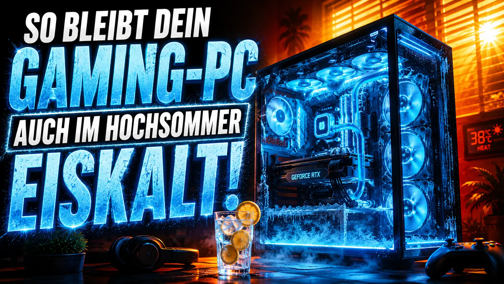 Gaming bei hohen Au&szlig;entemperaturen: Ein eisblau leuchtender, perfekt gek&uuml;hlter Gaming-PC trotzt der hei&szlig;en Sommerhitze im Zimmer.