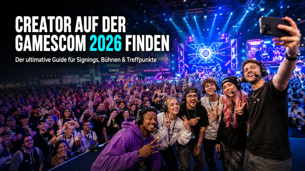 Creator auf der Gamescom 2026 finden: Der ultimative Guide zu Hallen, Signings & Treffpunkten 1 Creator auf der Gamescom 2026 finden: Streamer auf der Bühne und Fans in der Kölner Messehalle. (KI-generiertes Bild)