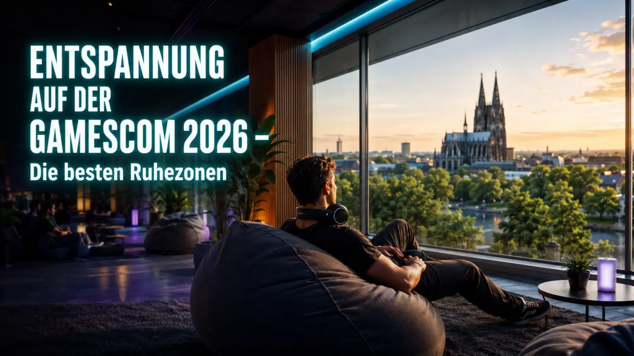 Entspannung auf der Gamescom 2026: Wo befinden sich die besten Hotspots und Ruhezonen? 1 Entspannung auf der Gamescom 2026: Gamer sitzt mit Kopfhörern in einer ruhigen Lounge-Ecke der Koelnmesse mit Blick ins Grüne. (KI-generiertes Bild)