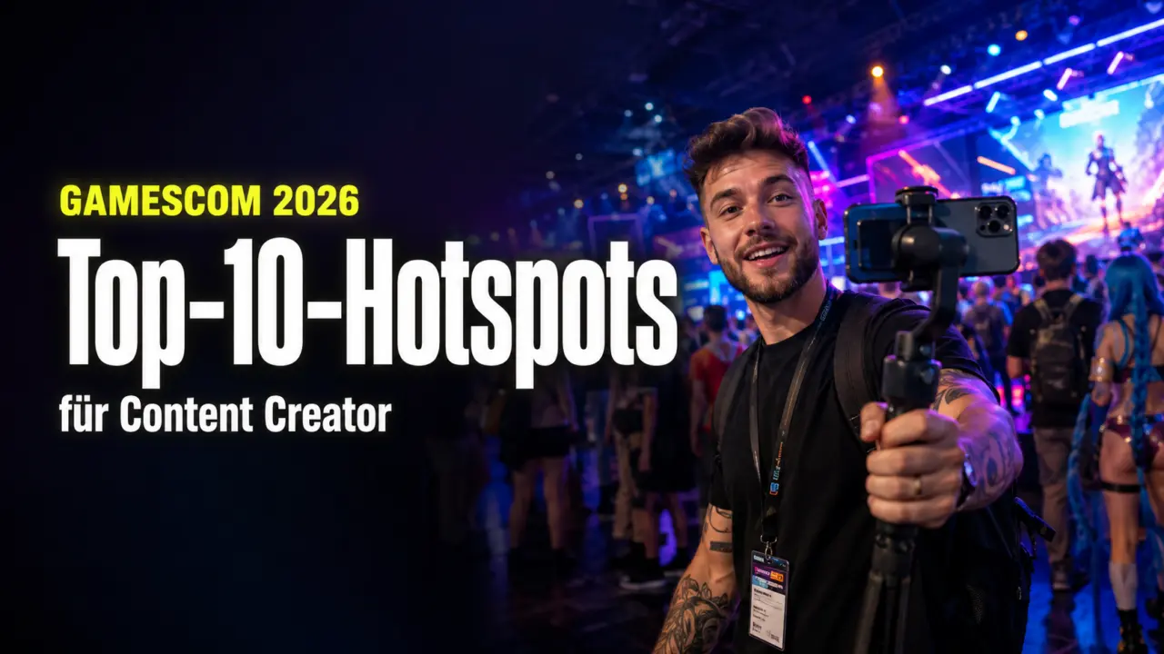 Top-10-Hotspots auf der Gamescom 2026: Der ultimative Guide für Content Creator 1 Ein Content Creator filmt mit einem Smartphone-Gimbal einen Vlog in den bunten, neonbeleuchteten neonbeleuchteten Hallen der Gamescom 2026. Bildtitel: Gamescom 2026 Content Creator Guide Hallen der Gamescom 2026. (KI-generiertes Bild)