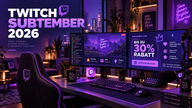 Twitch SUBtember 2026 Rabatt-Aktion mit Gaming-Setup und Twitch-Farbpalette (KI-generiertes Bild)