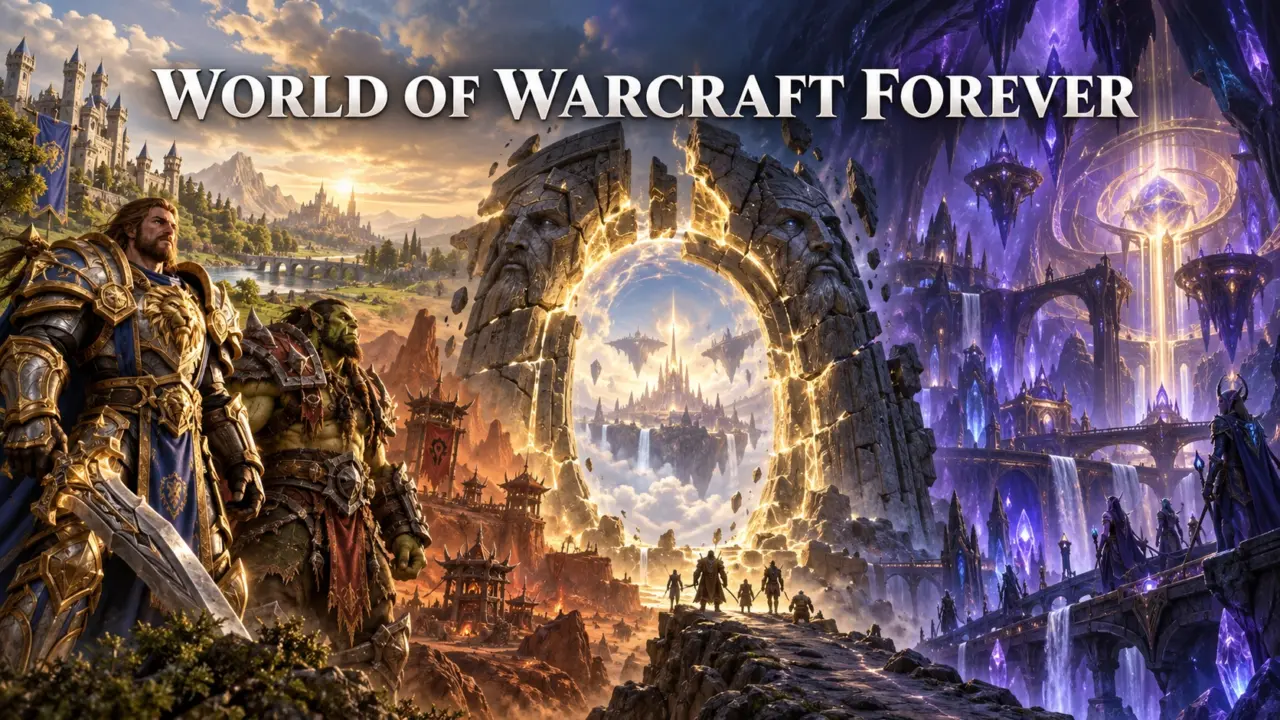 World of Warcraft Forever: Blizzards Masterplan für Azeroths ewige Zukunft 1 World of Warcraft Forever: Ein leuchtendes Portal verbindet das klassische Azeroth mit modernen Helden der Worldsoul Saga (KI-generiertes Bild)